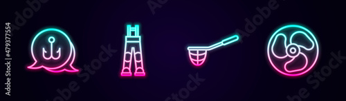 Set line Fishing hook, Fisherman pants, net and Outboard boat motor. Glowing neon icon. Vector