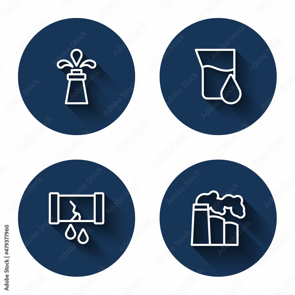 Set line Oil rig, petrol test tube, Broken oil pipe with valve and and gas industrial factory with long shadow. Blue circle button. Vector Set line Oil rig, petrol test tube, Broken oil pipe with valve and and gas industrial factory with long shadow. Blue circle button. Vector