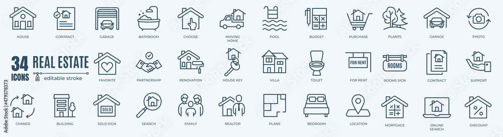 Real Estate minimal thin editable line web icon set. Included the icons as rent, property, mortgage, home loan and more. Outline icons collection. Simple vector illustration - obrazy, fototapety, plakaty 