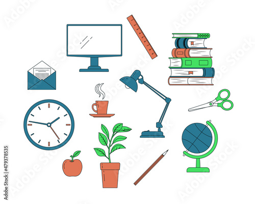 A set of home education objects. Color vector illustration, outline style. White isolated background.