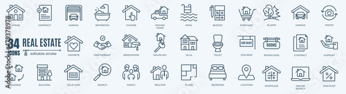 Real Estate minimal thin line web icon set. Included the icons as rent, property, mortgage, home loan and more. Outline icons collection. Simple illustration