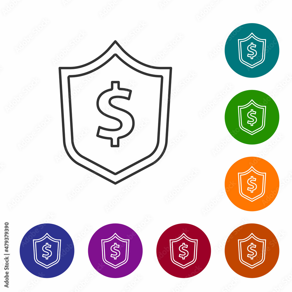 Black line Shield with dollar symbol icon isolated on white background. Security shield protection. Money security concept. Set icons in color circle buttons. Vector Black line Shield with dollar symbol icon isolated on white background. Security shield protection. Money security concept. Set icons in color circle buttons. Vector