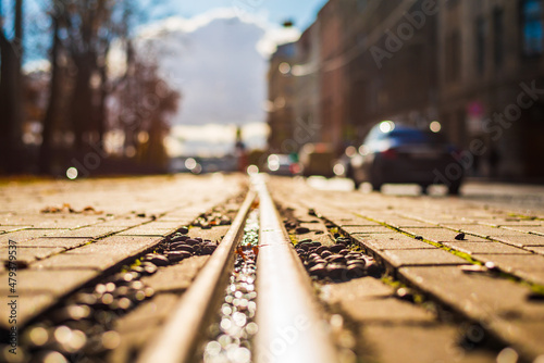 Sunny autumn day. Cars drive along the road. Acorns are lying on the pavement. Focus on the tram rail. Close up view of a tram rail level.