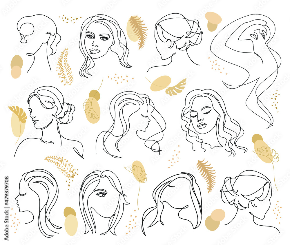 Collection. Silhouettes of a girl's head, a woman's face and a leaf of a plant in a modern style. The woman laughs. Solid line, outline for decor, posters, stickers, logo. Vector illustration set.
