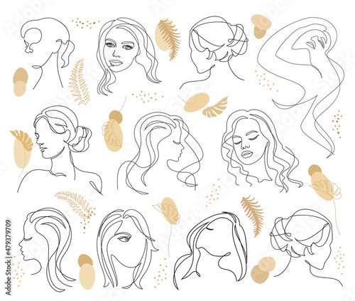 Collection. Silhouettes of a girl s head  a woman s face and a leaf of a plant in a modern style. The woman laughs. Solid line  outline for decor  posters  stickers  logo. Vector illustration set.