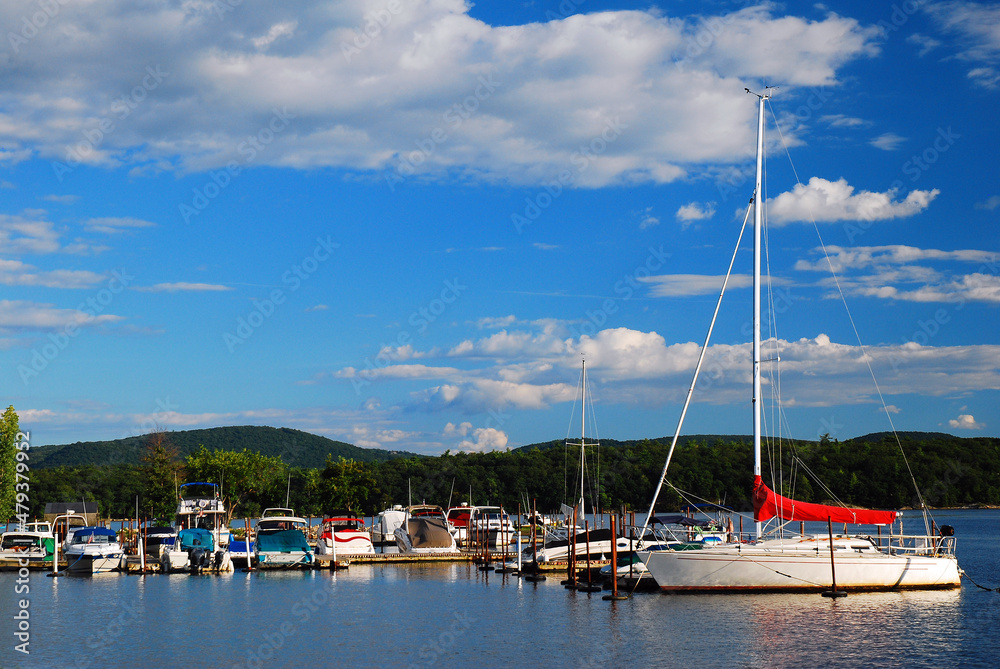 A small marina on the shores of the Hudson River on a sunny summer day