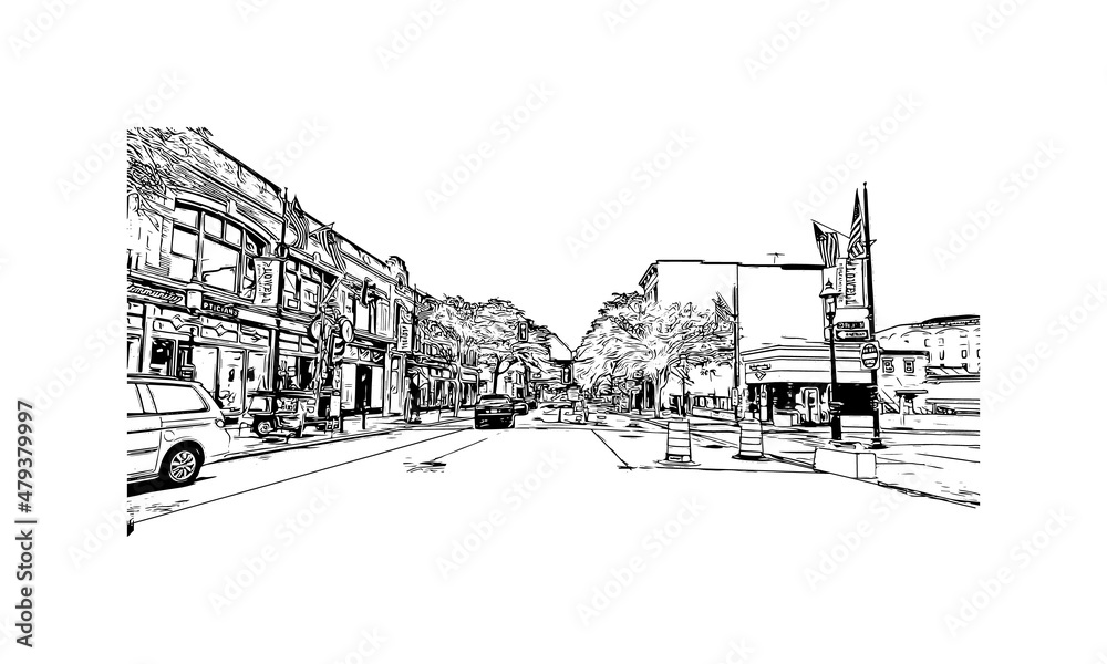 Fototapeta premium Building view with landmark of Lowell is a city in Massachusetts. Hand drawn sketch illustration in vector