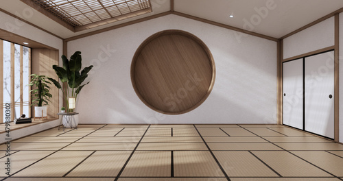Photography Circle shelf wall design, empty room japanese deisgn with tatami mat floor