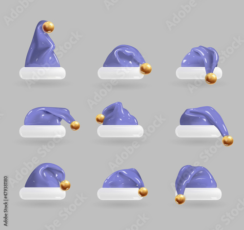 Set of 3D cartoon Santa Claus hats in trendy Very peri color, the colors of 2022