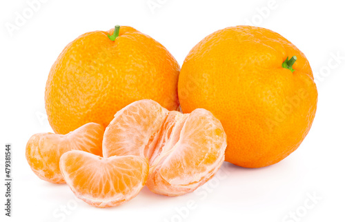 Group of mandarin tangerine with slices isolated on white background