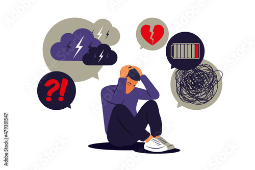 Depressed sad man thinking over problems. Bankruptcy, loss, crisis, burnout syndrome, relationship trouble concept. Vector illustration. Flat.