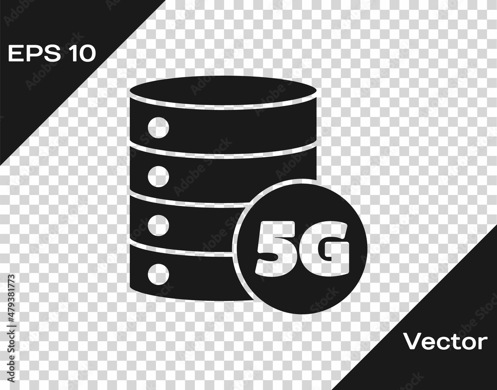 Black Server 5G new wireless internet wifi connection icon isolated on transparent background. Global network high speed connection data rate technology. Vector