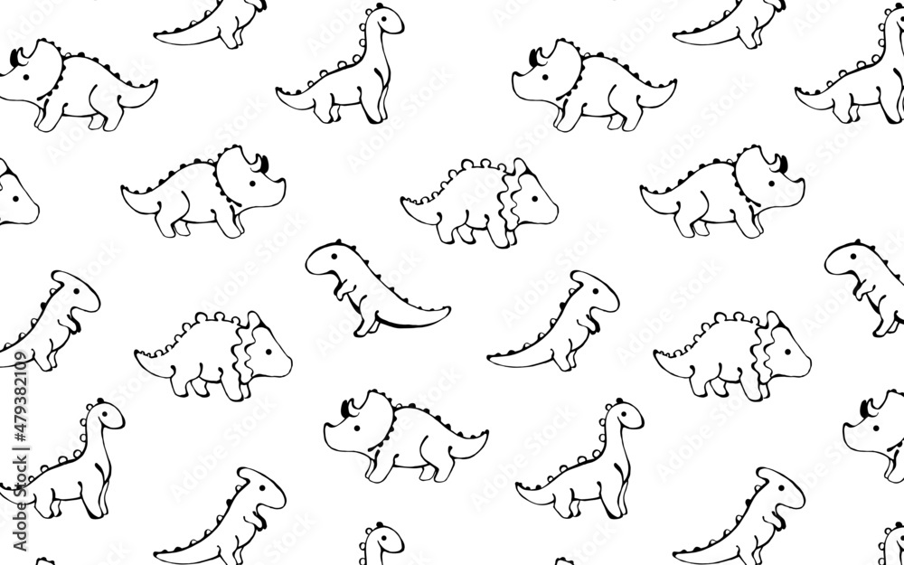 Cute dinosaurs seamless pattern. Funny baby dinosaur backdrop. Outline illustration of Brontosaurus, Triceratops, Tirex, Tyrannosaurus. Palaeontology vector background. Cute dinosaurs seamless pattern. Funny baby dinosaur backdrop. Outline illustration of Brontosaurus, Triceratops, Tirex, Tyrannosaurus. Palaeontology vector background.