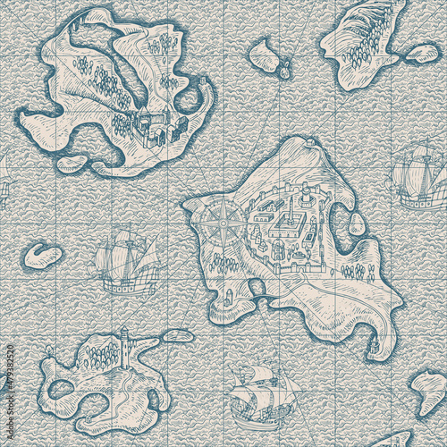 Decorative seamless pattern with hand-drawn islands, old ships and sea waves on an old paper backdrop. Monochrome vector background in retro style. Suitable for wallpaper, wrapping paper, fabric