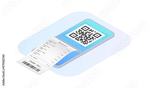 Qr code pay. 3d, isometric Mobile phone with receipt or bill. Qrcode scan by smartphone. Online payment concept. Vector illustration.