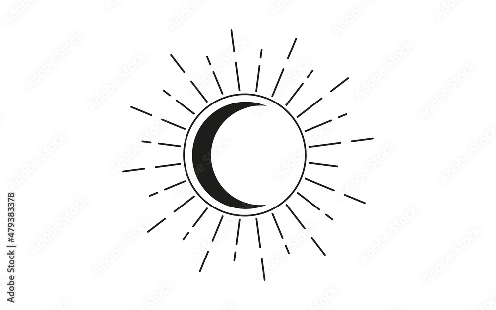 Sun And Moon Vintage Line Art Clipart Outline Sun Logo Moon Tattoo Mystical Sacred Geometry Magic Pagan Wicca Goddess And God Symbol Vector Black Sign Illustration Isolated Old White Background Stock Vector