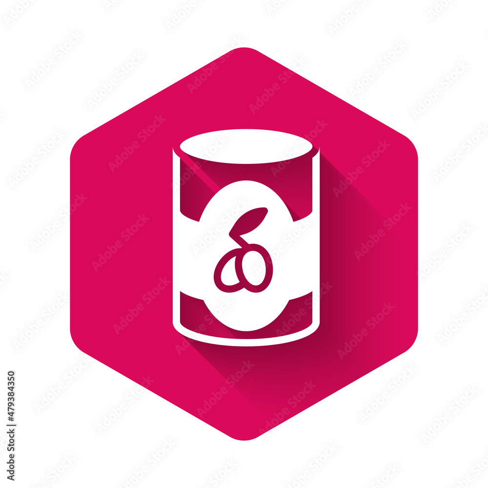 White Olives in can icon isolated with long shadow. Concept of canned food. Pink hexagon button. Vector White Olives in can icon isolated with long shadow. Concept of canned food. Pink hexagon button. Vector