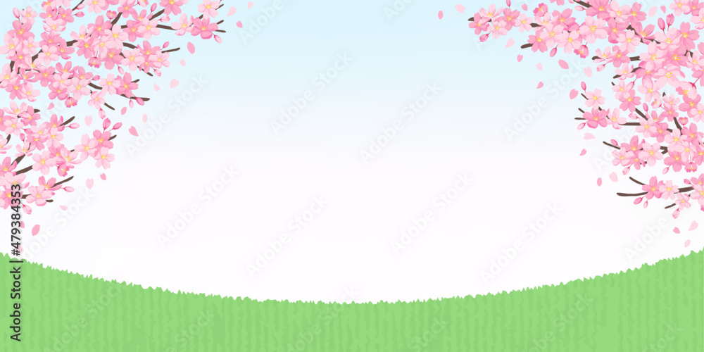 桜と青空と草原のイラスト 背景素材 バナーサイズ