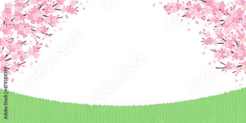 桜と草原のイラスト　背景素材　バナーサイズ
