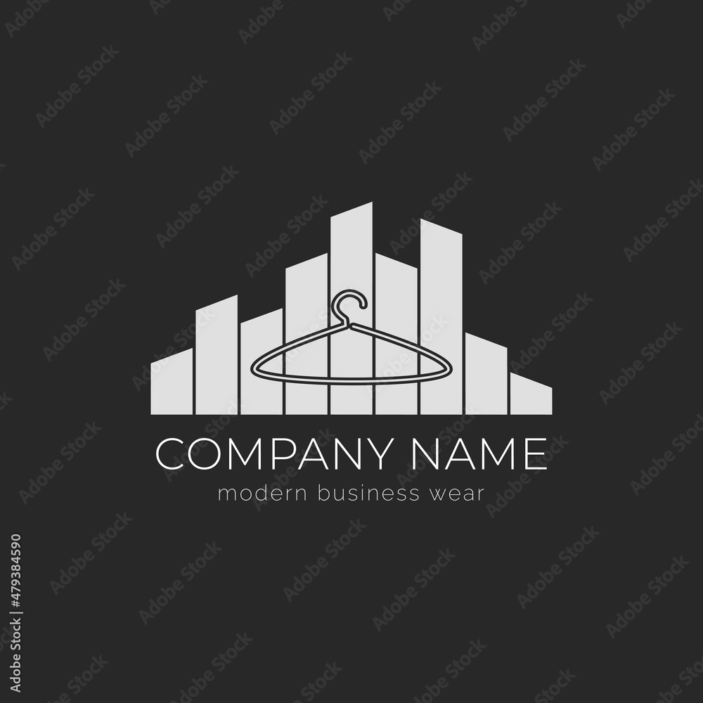 Vector isolated black and white clothing logo with hangers and city skyscrapers outlines. Vector isolated black and white clothing logo with hangers and city skyscrapers outlines.