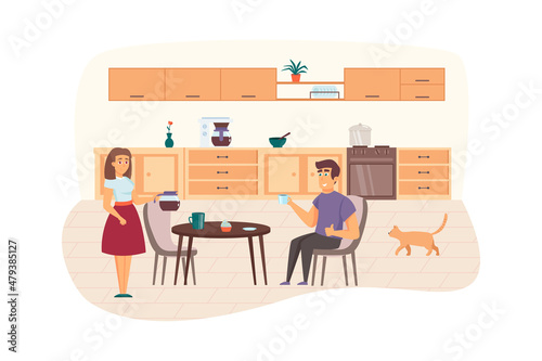 Couple having breakfast in kitchen scene. Woman and man eat and drink coffee together. Cooking food at home  family and relationships concept. Illustration of people characters in flat design