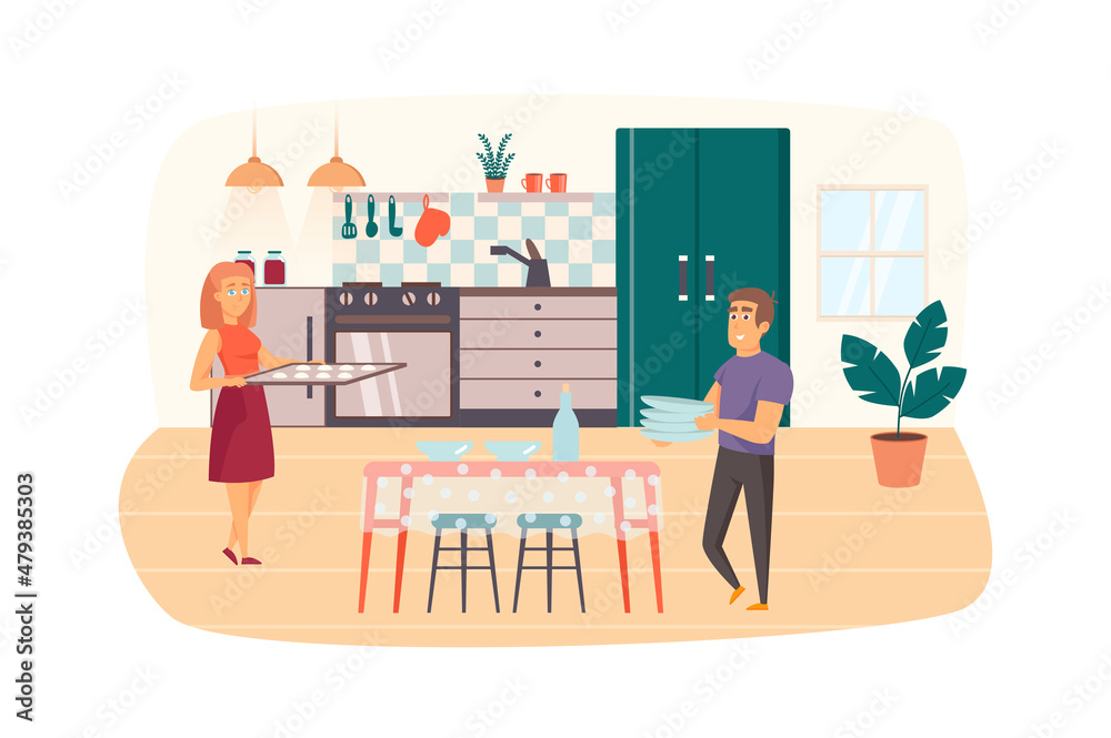 Couple cooking in kitchen scene. Woman holds domestic baking cookies, man holds dishes. Family household, daily routine together concept. Illustration of people characters in flat design