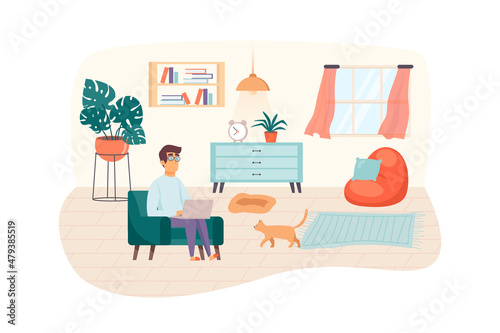 Freelancer works at home scene. Man sits in chair with laptop and cat in living room. Freelance  remote work  comfortable workplace concept. Illustration of people characters in flat design