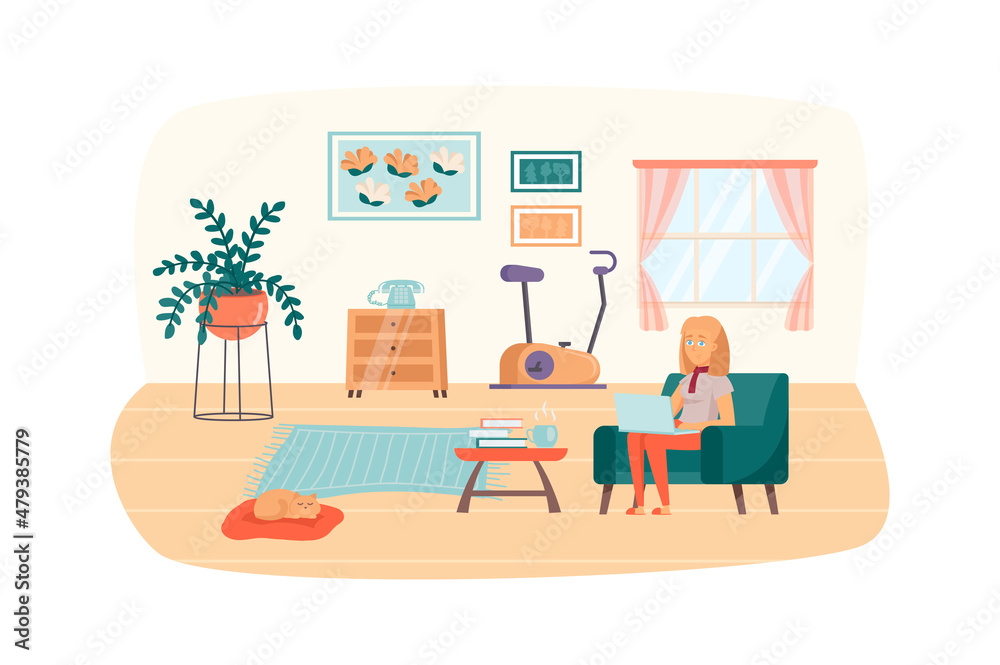 Fototapeta premium Freelancer works at laptop scene. Woman sitting on armchair in living room. Home office interior. Freelance, remote work, self employed concept. Illustration of people characters in flat design