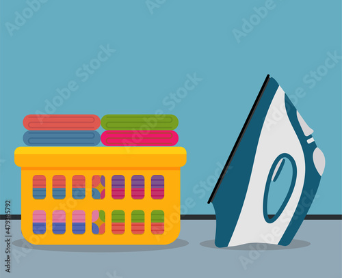 basket with ironed linen and iron vector illustration in flat style