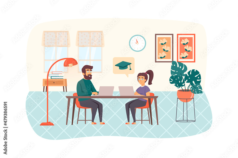 Couple studying using laptop sitting at table in room scene. Man and woman engaged online education. E-learning, distance homeschooling concept. Illustration of people characters in flat design