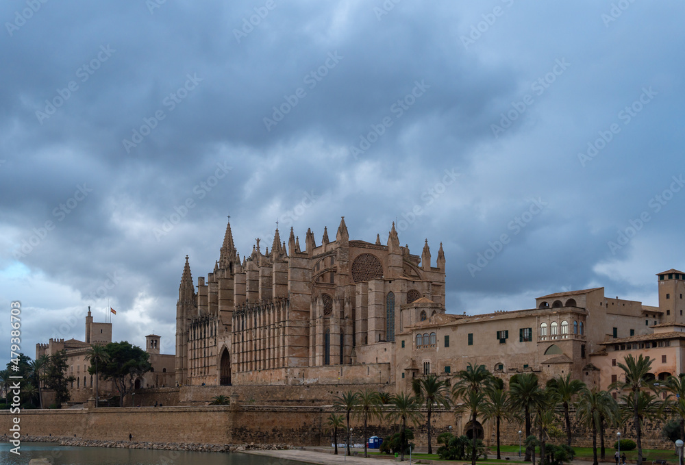 General view of the Cathedral of Palma de Mallorca at sunset
