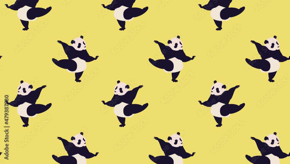 Vector illustration. A pattern with a dancing panda on a yellow background. Wildlife, wildlife