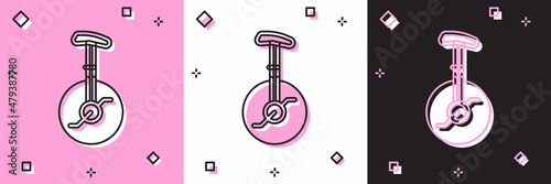 Set Unicycle or one wheel bicycle icon isolated on pink and white, black background. Monowheel bicycle. Vector