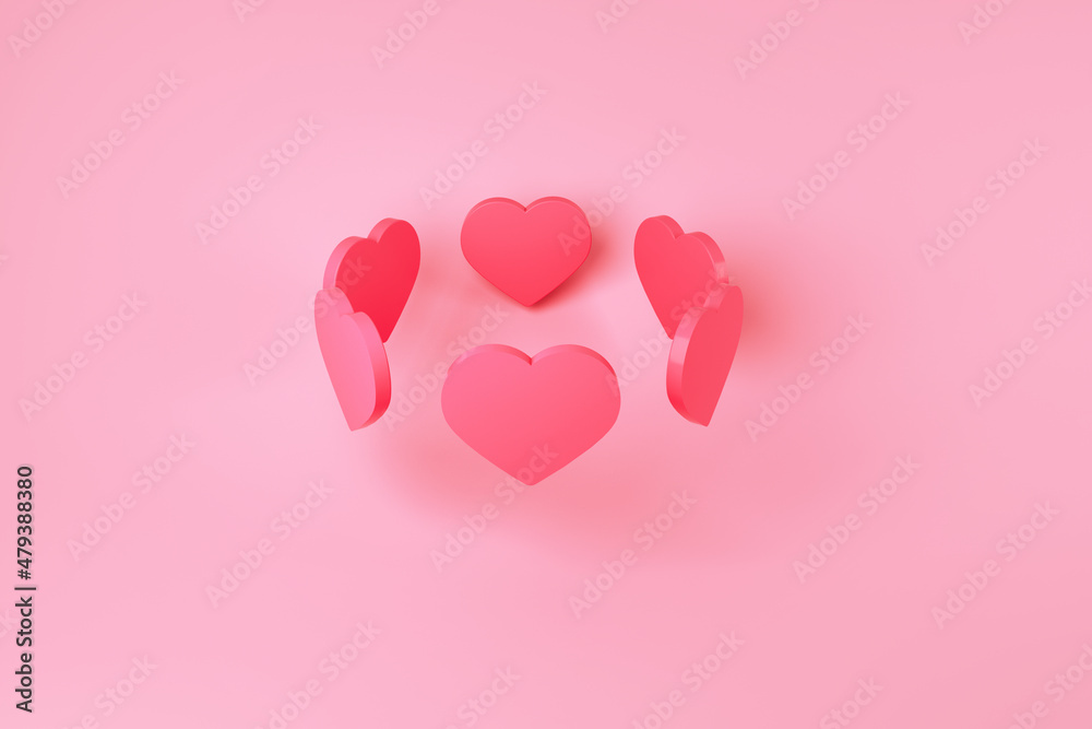 crown from hearts, red hearts on pink background, Valentines day concept, 3d rendering favorite icons