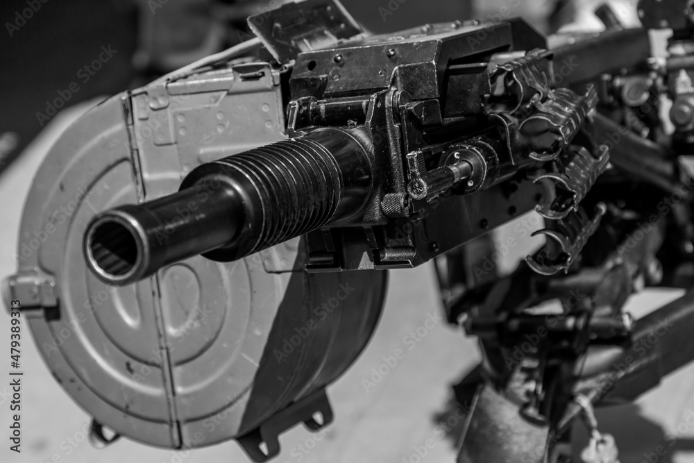 Russian machine-automatic grenade launcher AGS-17, blurred background, close-up.automatic grenade launcher on fighting position , black and white.