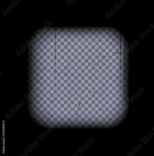 Old black cinematic frame on a transparent background. Scratched vintage video or photo tape. 3d realistic screen in retro style with grunge pattern. Antique slide template. Vector card illustration