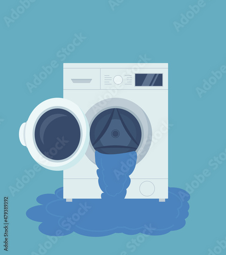 Washing machine from which water flows. Vector illustration in a flat style.