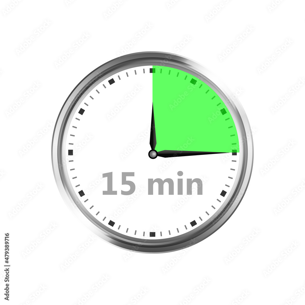 15 minutes clock icon. Vector of fifteen minutes symbol. Quarter of hour. Analog watch, timer , stopwatch isolated on white background. Countdown concept. 15 minutes clock icon. Vector of fifteen minutes symbol. Quarter of hour. Analog watch, timer , stopwatch isolated on white background. Countdown concept.