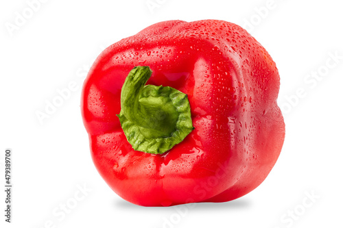 Sweet red pepper in drops of water isolated on white background.