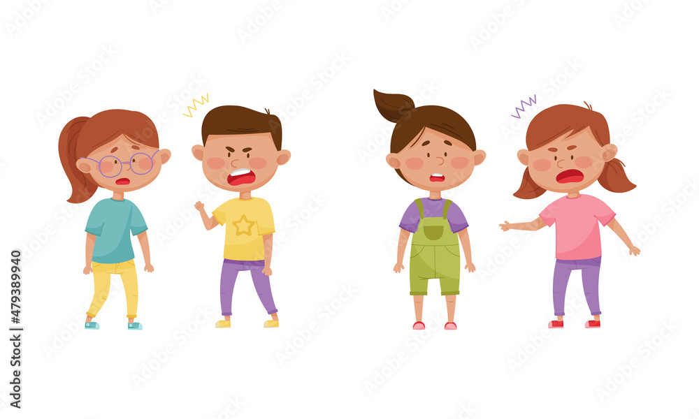 Warring Boy and Girl with Offensive Behavior Insulting Agemate Vector Set