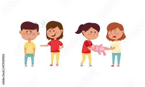 Warring Girl with Offensive Behavior Insulting Agemate Mocking and Taking Away His Toy Vector Set