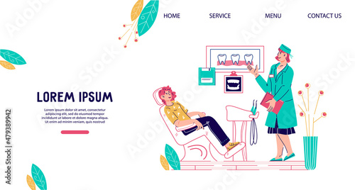 Dental clinic website interface layout with dentist giving patient dental treatment. Oral health checkup and Dentistry medicine concept for web banner or landing web page, flat vector illustration.
