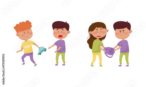 Warring Boy with Offensive Behavior Insulting Agemate Taking Away Backpack and Toy Car Vector Set