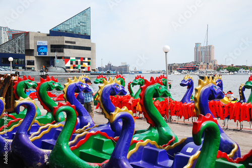 Dragon pedal boats for rent are stored in the Inner Harbor area of Baltimore, Maryland photo