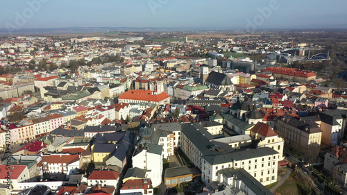 Historical aerial city Olomouc, drone aerial video shot view panorama from the tower of the Gothic church of St Moritz, city town hall Olomouc Gothic building, baroque Church of St Michael