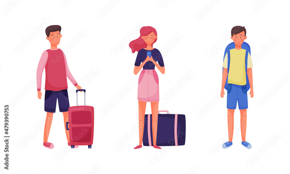 Young Man and Woman Tourist with Luggage Engaged in Travelling on Vacation Vector Set
