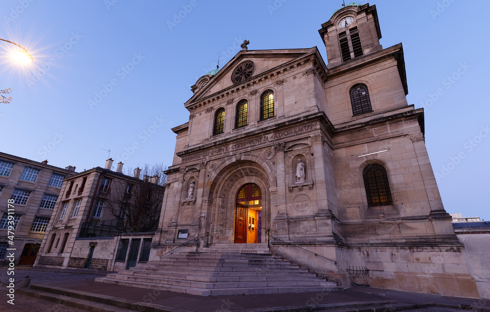 The Saint-Jacques-Saint-Christophe de la Villette church was built between 1841 and 1844 on top of an old 14th-century church. Paris.