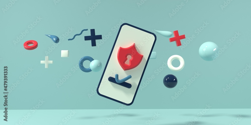 Cyber security theme with a smartphone and geometric shapes - 3D render Cyber security theme with a smartphone and geometric shapes - 3D render