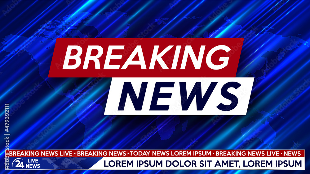 Screen saver on breaking news background. Urgent news release on