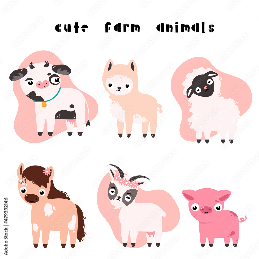 Childrens poster with cute farm animals: cow, llama, pig, horse, sheep, goat. Flat vector illustration in hand drawn style